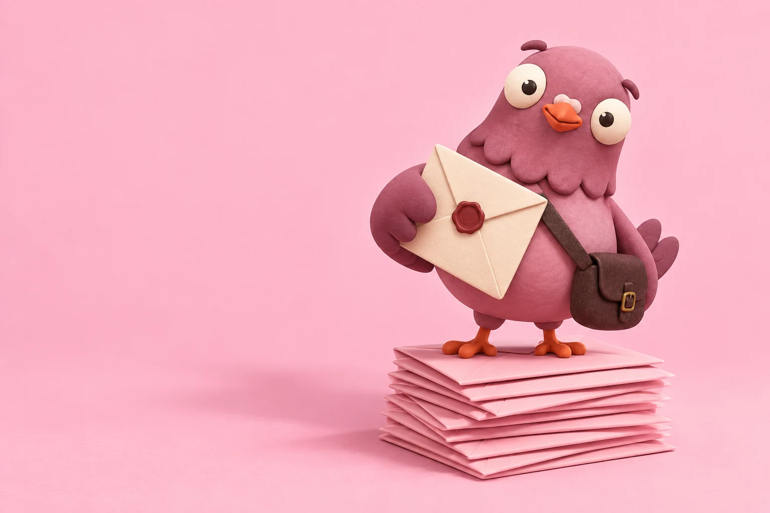 Pomba, a purple messenger pigeon, perched on a stack of pink envelopes
