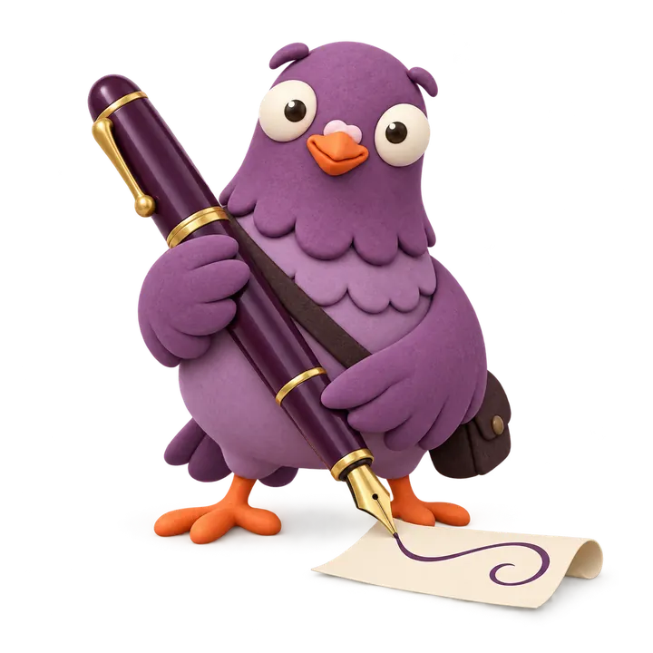 Purple Pomba writing a flourish with a fountain pen